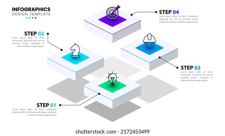 Infografische Vorlage mit Symbolen und 4 Optionen oder Schritten. Treppen. Kann für Workflow-Layout, Diagramm, Banner, Webdesign verwendet werden. Vektorgrafik