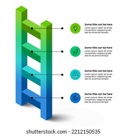 Plantilla de infografía con iconos y 4 opciones o pasos. Escalera isométrica. Se puede utilizar para diseño de flujo de trabajo, diagrama, banner, diseño web. Ilustración del vector