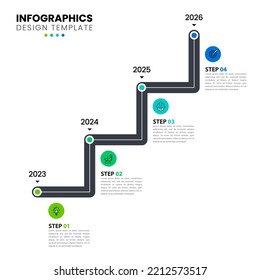 Infografische Vorlage mit Symbolen und 4 Optionen oder Schritten. Treppe. Kann für Workflow-Layout, Diagramm, Banner, Webdesign verwendet werden. Vektorgrafik