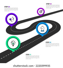 Plantilla de infografía con iconos y 4 opciones o pasos. Carretera. Se puede utilizar para diseño de flujo de trabajo, diagrama, banner, diseño web. Ilustración del vector