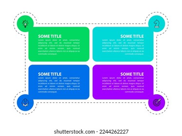 Plantilla de infografía con iconos y 4 opciones o pasos. Se puede utilizar para diseño de flujo de trabajo, diagrama, banner, diseño web. Ilustración del vector