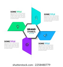 Plantilla de infografía con iconos y 4 opciones o pasos. Hélice. Se puede utilizar para diseño de flujo de trabajo, diagrama, banner, diseño web. Ilustración del vector