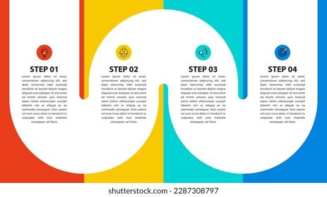 Plantilla de infografía con iconos y 4 opciones o pasos. Camino colorido. Se puede utilizar para diseño de flujo de trabajo, diagrama, banner, diseño web. Ilustración del vector