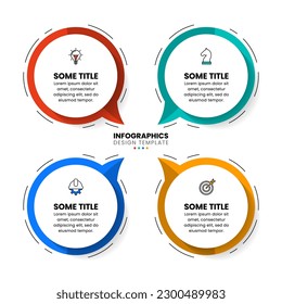 Plantilla de infografía con iconos y 4 opciones o pasos. Burbujas de discursos. Se puede utilizar para diseño de flujo de trabajo, diagrama, banner, diseño web. Ilustración del vector