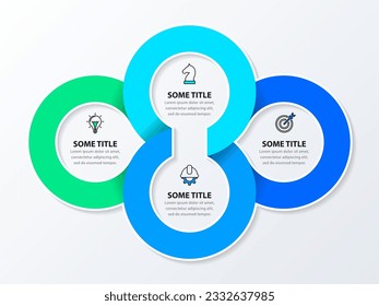 Plantilla de infografía con iconos y 4 opciones o pasos. Cuatro círculos conectados. Se puede utilizar para diseño de flujo de trabajo, diagrama, banner, diseño web. Ilustración del vector
