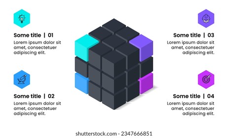 Infographic template with icons and 4 options or steps. Isometric cube. Can be used for workflow layout, diagram, banner, webdesign. Vector illustration