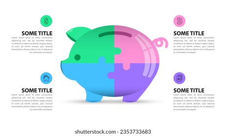 Plantilla de infografía con iconos y 4 opciones o pasos. Piggybank. Se puede utilizar para diseño de flujo de trabajo, diagrama, banner, diseño web. Ilustración del vector