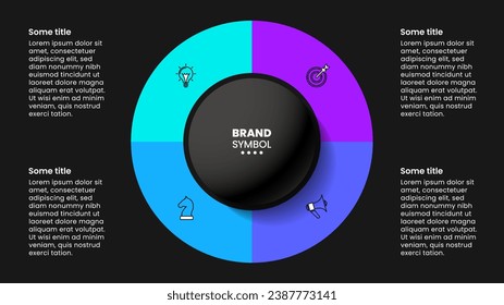 Infographic template with icons and 4 options or steps. Dark style pie chart. Can be used for workflow layout, diagram, banner, webdesign. Vector illustration
