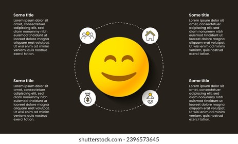 Plantilla de infografía con iconos y 4 opciones o pasos. Feliz plan de vida. Se puede utilizar para diseño de flujo de trabajo, diagrama, banner, diseño web. Ilustración del vector