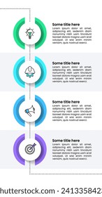 Plantilla de infografía con iconos y 4 opciones o pasos. Escala vertical. Se puede utilizar para diseño de flujo de trabajo, diagrama, banner, diseño web. Ilustración del vector