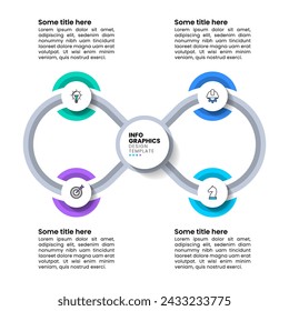 Plantilla infográfica con iconos y 4 opciones o pasos. Bucle infinito. Se puede utilizar para el diseño del flujo de trabajo, diagrama, diseño web. Ilustración de vector