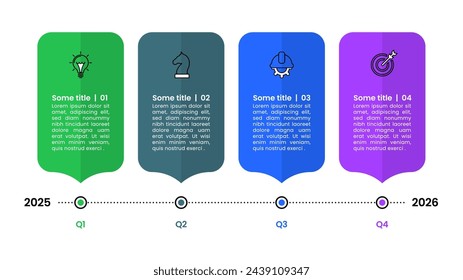 Plantilla infográfica con iconos y 4 opciones o pasos. Plan trimestral. Se puede utilizar para el diseño del flujo de trabajo, diagrama, banner, diseño web. Ilustración de vector