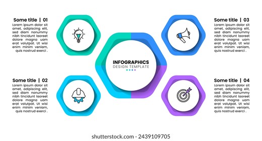 Infographic template with icons and 4 options or steps. Hexagons. Can be used for workflow layout, diagram, banner, webdesign. Vector illustration
