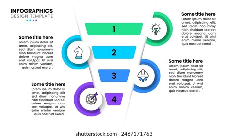 Plantilla infográfica con iconos y 4 opciones o pasos. Embudo. Se puede utilizar para el diseño del flujo de trabajo, diagrama, Anuncio, diseño web. Ilustración vectorial