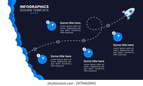 Infographic template with icons and 4 options or steps. Blue rocket. Can be used for workflow layout, diagram, banner, webdesign. Vector illustration