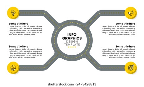 Plantilla infográfica con iconos y 4 opciones o pasos. Rotonda. Se puede utilizar para el diseño del flujo de trabajo, diagrama, Anuncio, diseño web. Ilustración vectorial