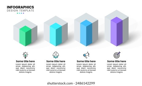 Infographic template with icons and 4 options or steps. Isometric columns. Can be used for workflow layout, diagram, banner, webdesign. Vector illustration