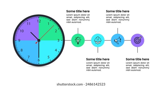 Infographic template with icons and 4 options or steps. Clock. Can be used for workflow layout, diagram, banner, webdesign. Vector illustration