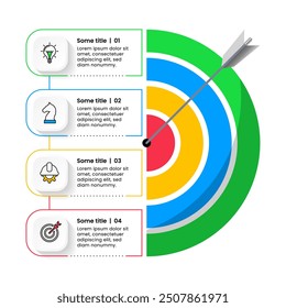 Infografik-Vorlage mit Symbolen und 4 Optionen oder Schritten. Dartboard. Kann für Workflow-Layout, Diagramm, Banner, Webdesign verwendet werden. Vektorgrafik