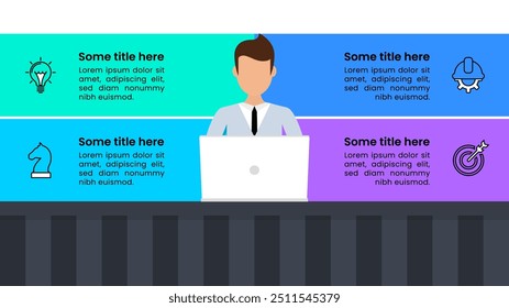 Infographic template with icons and 4 options or steps. Worker with computer. Can be used for workflow layout, banner, diagram, webdesign. Vector illustration