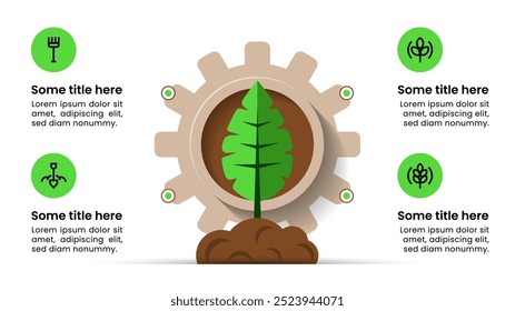 Plantilla de infografía con iconos y 4 opciones o pasos. Planta. Se puede utilizar para el diseño del flujo de trabajo, diagrama, Anuncio, diseño web. Ilustración vectorial