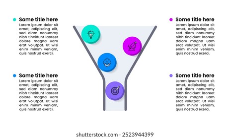 Modelo de infográfico com ícones e 4 opções ou etapas. Funil. Pode ser usado para layout de fluxo de trabalho, diagrama, banner, webdesign. Ilustração vetorial