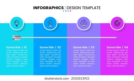 Modelo de infográfico com ícones e 4 opções ou etapas. Seta. Pode ser usado para layout de fluxo de trabalho, diagrama, banner, webdesign. Ilustração vetorial