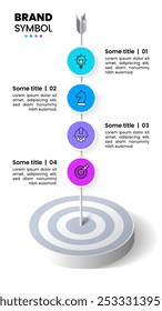 Modelo de infográfico com ícones e 4 opções ou etapas. Dartboard. Pode ser usado para layout de fluxo de trabalho, diagrama, banner, webdesign. Ilustração vetorial