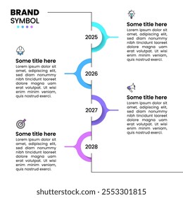 Modelo de infográfico com ícones e 4 opções ou etapas. Cronograma. Pode ser usado para layout de fluxo de trabalho, diagrama, banner, webdesign. Ilustração vetorial