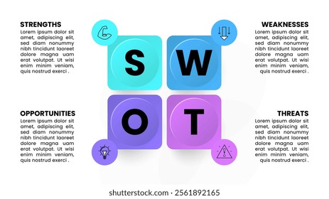 Infographic template with icons and 4 options or steps. Swot analysis. Can be used for workflow layout, diagram, banner, webdesign. Vector illustration