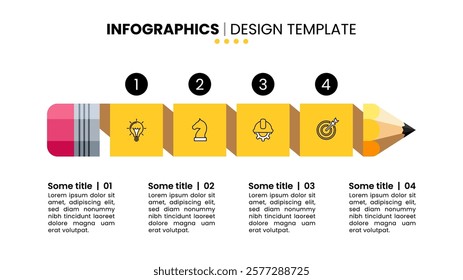 Infographic template with icons and 4 options or steps. Yellow pencil. Can be used for workflow layout, diagram, banner, webdesign. Vector illustration