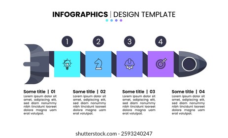 Infographic template with icons and 4 options or steps. Rocket. Can be used for workflow layout, diagram, banner, webdesign. Vector illustration