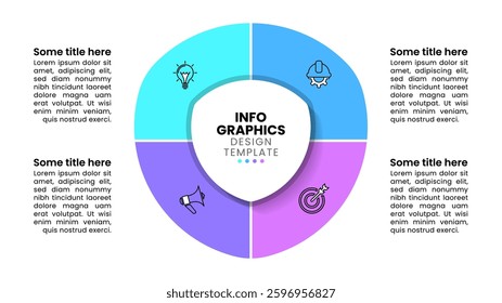 Infographic template with icons and 4 options or steps. Shield. Can be used for workflow layout, diagram, banner, webdesign. Vector illustration