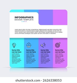 Modelo de infográfico com ícones e 4 opções ou etapas. Pode ser usado para layout de fluxo de trabalho, diagrama, banner, webdesign. Ilustração vetorial