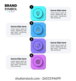 Modelo de infográfico com ícones e 4 opções ou etapas. Quadrados. Pode ser usado para layout de fluxo de trabalho, diagrama, banner, webdesign. Ilustração vetorial
