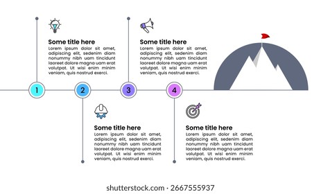 Modelo de infográfico com ícones e 4 opções ou etapas. Montanha. Pode ser usado para layout de fluxo de trabalho, diagrama, banner, webdesign. Ilustração vetorial