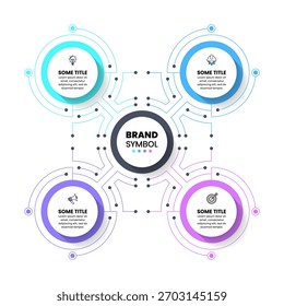 Modelo de infográfico com ícones e 4 opções ou etapas. Círculos tecnológicos. Pode ser usado para layout de fluxo de trabalho, diagrama, banner, webdesign. Ilustração vetorial
