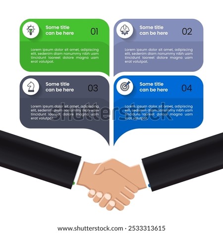 Infographic template with icons and 4 options or steps. Handshake. Can be used for workflow layout, diagram, banner, webdesign. Vector illustration