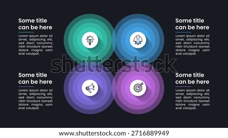 Infographic template with icons and 4 options or steps. Circles. Can be used for workflow layout, diagram, banner, webdesign. Vector illustration