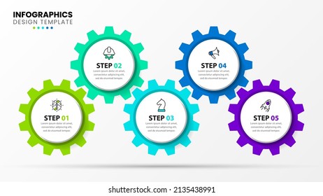 Infographic template with icons and 5 options or steps. Gears. Can be used for workflow layout, diagram, banner, webdesign. Vector illustration