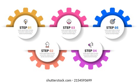 Infographic template with icons and 5 options or steps. Gears. Can be used for workflow layout, diagram, banner, webdesign. Vector illustration
