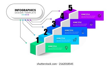 Infografische Vorlage mit Symbolen und 5 Optionen oder Schritten. Treppe. Kann für Workflow-Layout, Diagramm, Banner, Webdesign verwendet werden. Vektorgrafik