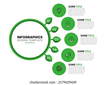 Infographic template with icons and 5 options or steps. Green circle. Can be used for workflow layout, diagram, banner, webdesign. Vector illustration