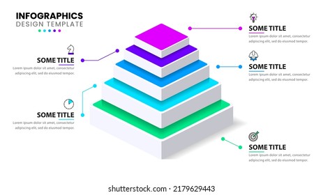 Infographic template with icons and 5 options or steps. Pyramid. Can be used for workflow layout, diagram, banner, webdesign. Vector illustration