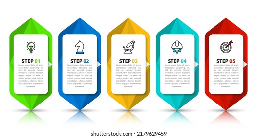 Plantilla de infografía con iconos y 5 opciones o pasos. Se puede utilizar para diseño de flujo de trabajo, diagrama, banner, diseño web. Ilustración del vector