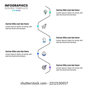 Plantilla de infografía con iconos y 5 opciones o pasos. Cronología exagerada. Se puede utilizar para diseño de flujo de trabajo, diagrama, banner, diseño web. Ilustración del vector