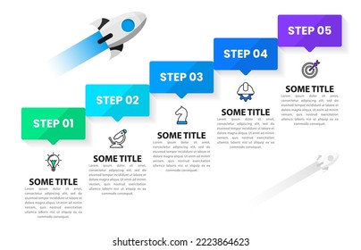 Infographic template with icons and 5 options or steps. Rocket. Can be used for workflow layout, diagram, banner, webdesign. Vector illustration