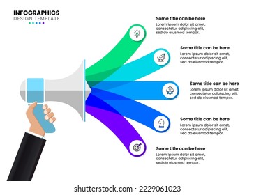 Infographic template with icons and 5 options or steps. Megaphone. Can be used for workflow layout, diagram, banner, webdesign. Vector illustration
