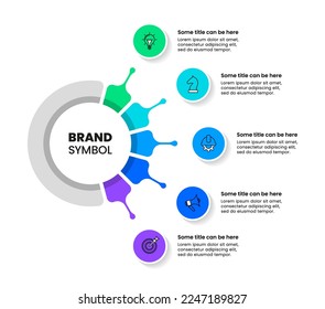 Plantilla de infografía con iconos y 5 opciones o pasos. Círculo. Se puede utilizar para diseño de flujo de trabajo, diagrama, banner, diseño web. Ilustración del vector