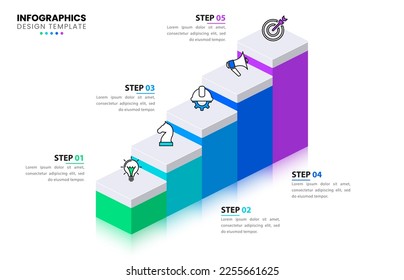 Infographic template with icons and 5 options or steps. Isometric stairs. Can be used for workflow layout, diagram, banner, webdesign. Vector illustration